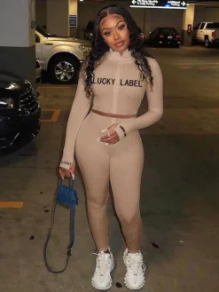 Embroidery Letter Skinny Two Piece Ladies Set