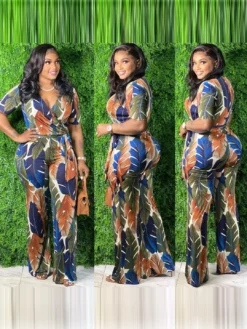 New Arrival V Neck Tie-Wrap Printing Loose Jumpsuits