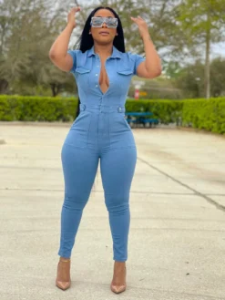 Street Wear Denim Short Sleeve Jumpsuit