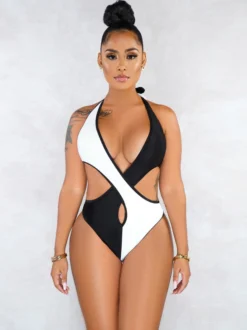 Contrast Color Halter One Pieces Swimsuits