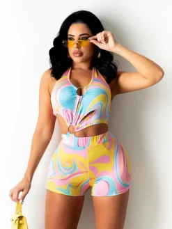 Print Backless Fitted Sleeveless Rompers Women