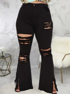 Plus Size Versatile Black Hollow Out Bootcut Jeans