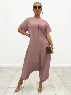 Casual Solid Pocket Loose Short Sleeve Jumpsuit