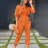 Latest Orange Button Up Turndown Collar Women Jumpsuit
