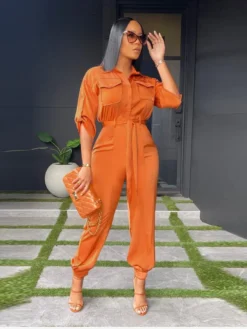 Latest Orange Button Up Turndown Collar Women Jumpsuit