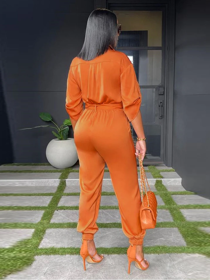Latest Orange Button Up Turndown Collar Women Jumpsuit 2 Latest Orange Button Up Turndown Collar Women Jumpsuit - Image 2