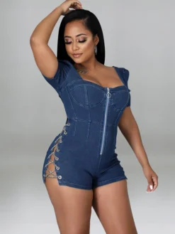 Stylish Hollow Out Square Neck Zipper Romper