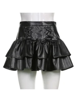 PU Leather Black Ruffles Zipper A-Line Short Skirts -Bambam Clothing Shop P 20211027114755727 486