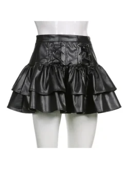 PU Leather Black Ruffles Zipper A-Line Short Skirts -Bambam Clothing Shop P 20211027114757988 683