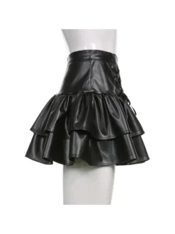 PU Leather Black Ruffles Zipper A-Line Short Skirts -Bambam Clothing Shop P 20211027114800243 498