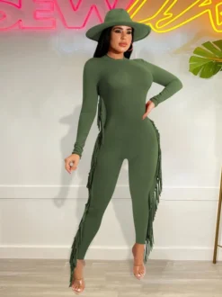 Popular Solid Tassel Long Sleeve Bodycon Jumpsuit