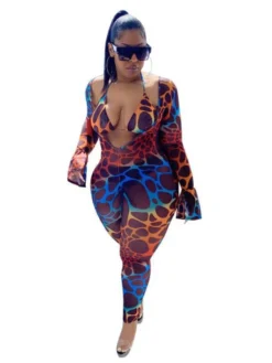 Flare Sleeve Leopard Print Plus Size Jumpsuit Sets