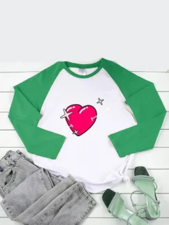 Lovely Heart Print Long Sleeve Black T-Shirts