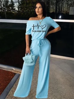 Casual Letter Printed Straight Leg Jumpsuit Women