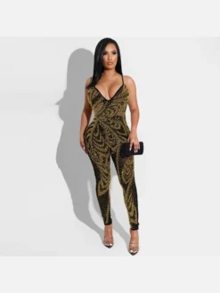 Sexy V Neck Hot Drilling Zipper Sleeveless Jumpsuits