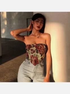 Jacquard Weave Flower Strapless Womens Cami