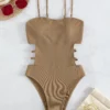 Spaghetti Straps Solid Hollow Out One Piece Swimsuits