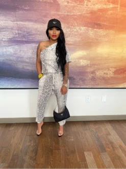 One Shoulder Sexy Snake Print Women's Jumpsuit
