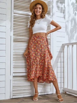 Vacation Floral Ruffled Midi Skirts For Ladies