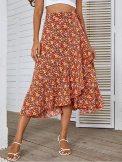 Vacation Floral Ruffled Midi Skirts For Ladies -Bambam Clothing Shop P 20220423002351618 887