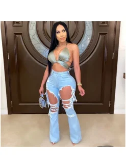 Blue Ripped Hollow Out Bootcut Jean Pants