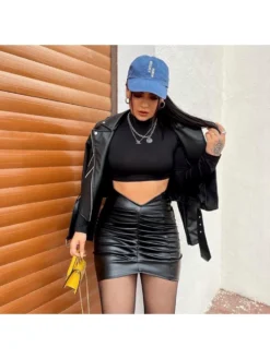 Nightclub Pure Color PU Ruched Skirt