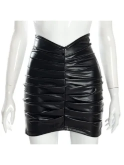 Nightclub Pure Color PU Ruched Skirt -Bambam Clothing Shop P 20220511181240388 875