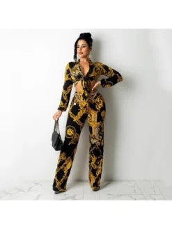 Fashion Printing Long Sleeve Top And Trouser Women's Suits