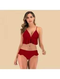 Pure Color Ruffled Patchwork Bikini Set