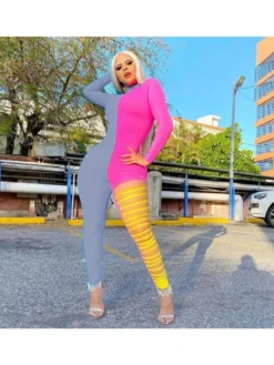 Color Blocking Zipper Up Long Sleeve Jumpsuits