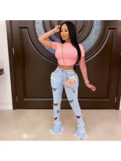 Butterfly Pattern Ripped Flare Jeans For Ladies