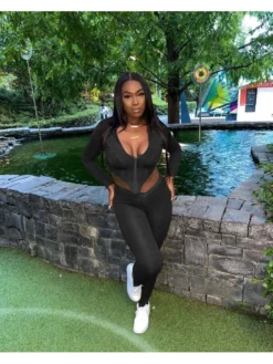 Pure Color Hooded Zipper Long Sleeve Trouser Suit