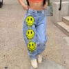 Smiling Face Printing Casual Denim Pants