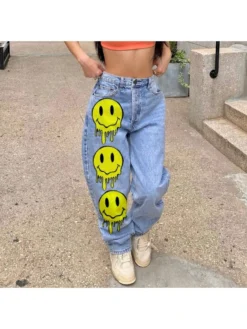 Smiling Face Printing Casual Denim Pants