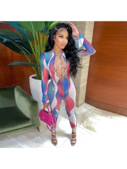 Sexy Tie Wrap Printed Fall Long Sleeve Jumpsuits