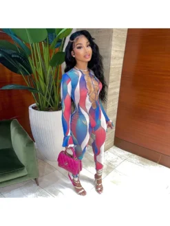 Sexy Tie Wrap Printed Fall Long Sleeve Jumpsuits -Bambam Clothing Shop P 20220907105956306 628