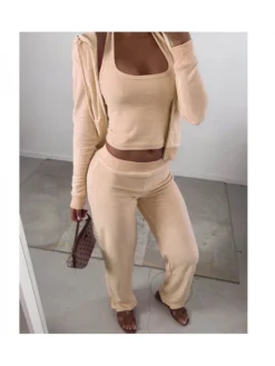 Leisure Pure Color Velvet Women's Three-piece Set