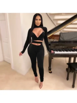 Cut Out Turtle Neck Matching Top And Pant Sets