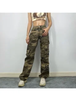 Street Camouflage Straight Leg Cargo Jeans For Women
