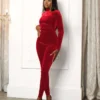 Mock Neck Velvet Skinny Long Sleeve Women Jumpsuits