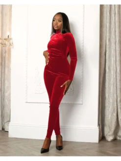 Mock Neck Velvet Skinny Long Sleeve Women Jumpsuits