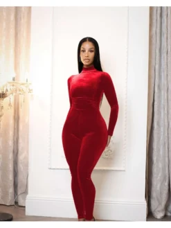 Mock Neck Velvet Skinny Long Sleeve Women Jumpsuits -Bambam Clothing Shop P 20221101182410073 368