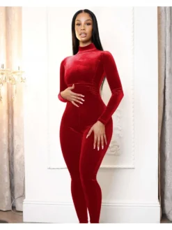 Mock Neck Velvet Skinny Long Sleeve Women Jumpsuits -Bambam Clothing Shop P 20221101182412203 495