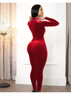 Mock Neck Velvet Skinny Long Sleeve Women Jumpsuits -Bambam Clothing Shop P 20221101182414352 802