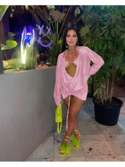 Sexy Satin Ruched Low Cut 3 Piece Skirt Sets