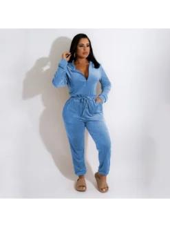 Casual Loose Hooded Collar Half Zip Jumpsuits