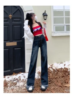 Designer Straight Leg Tassels Blue Jeans -Bambam Clothing Shop P 20221202095102250 674