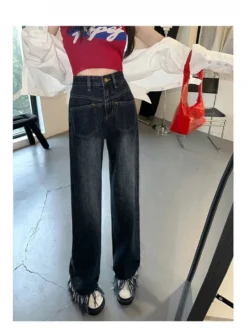 Designer Straight Leg Tassels Blue Jeans -Bambam Clothing Shop P 20221202095104663 616