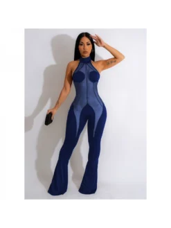 Sexy Halter Backless Mesh Patchwork Jumpsuit