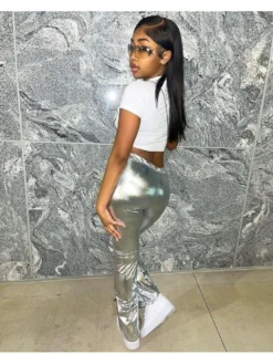 Women Silvery Elastic Waist PU Leather Pants -Bambam Clothing Shop P 20230220183424290 779